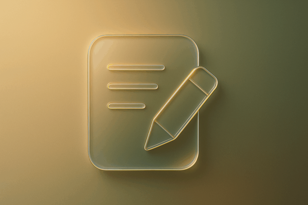 Frosted glass document and pencil icon in Apple Glass design, symbolizing expert positioning through content marketing for service-based businesses.