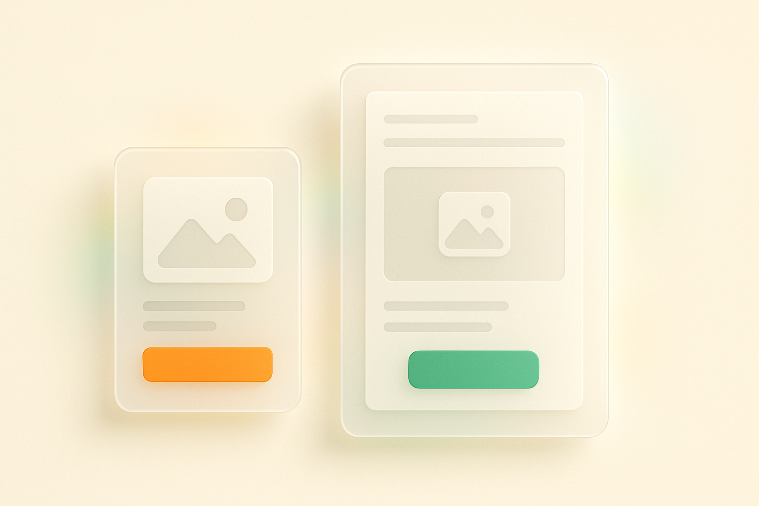Minimalist glassmorphism-style illustration of a high-performing ad mockup and matching landing page side-by-side, with frosted glass panels, soft glow edges, and accent-colored call-to-action buttons in orange and green, set against a soft cream background with subtle pastel gradient accents.
