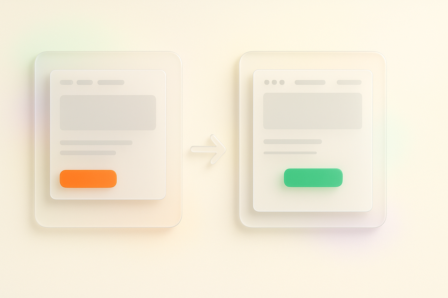 Minimalist glassmorphism-style illustration of a before-and-after website layout comparison, with a frosted glass arrow pointing from a generic site mockup on the left with an orange CTA button to a streamlined, conversion-focused service site on the right with a green CTA button, set against a soft cream background with subtle pastel gradient accents.