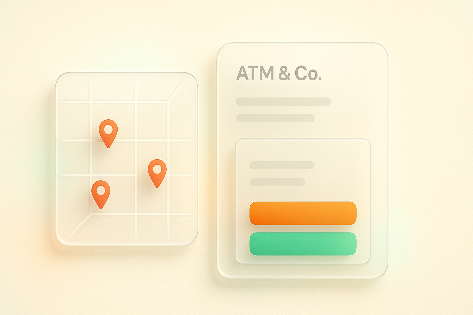 Minimalist glassmorphism-style illustration of a Google Maps search layout showing a frosted glass map panel with three orange location pins on the left and a business listing panel on the right with "ATM & Co." at the top and two accent-colored call-to-action buttons in orange and green, set against a soft cream background with subtle pastel gradient accents.