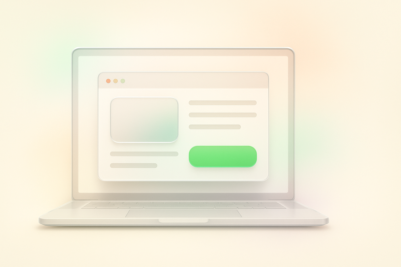 Minimalist glassmorphism-style illustration of a frosted glass laptop displaying an open webpage mockup with accent-colored elements, including a green call-to-action button, set against a soft cream background with subtle pastel gradient accents.