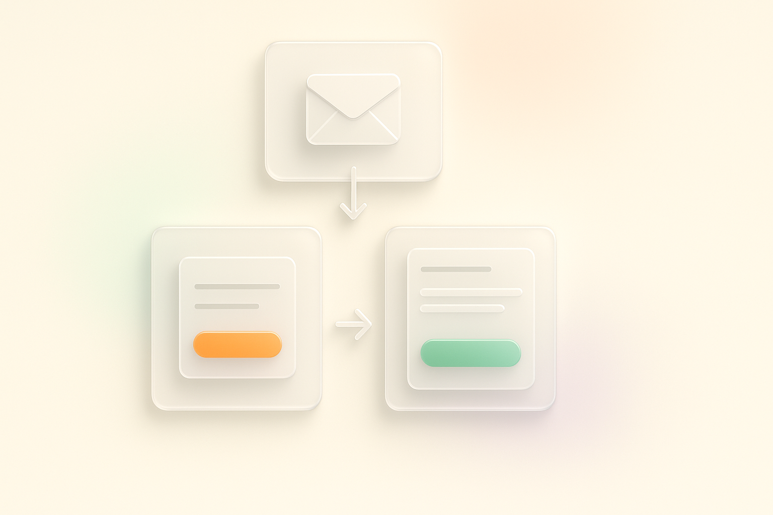 Minimalist glassmorphism-style illustration of a flowchart showing an automated lead nurturing sequence with frosted glass panels: a form submission with an orange CTA button, an email icon, and a follow-up offer with a green CTA button, connected by arrows and set against a soft cream background with subtle pastel gradient accents.