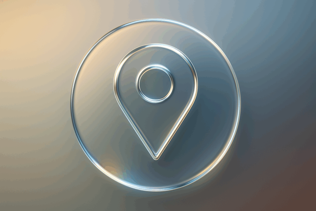Frosted glass location pin icon over a map-style background in Apple Glass design, symbolizing local SEO for service-based businesses.