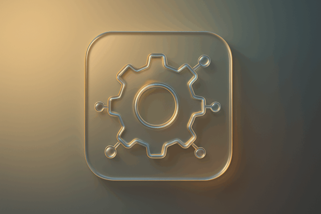 Frosted glass gear icon with connected nodes in Apple Glass design, representing marketing automation workflows for service-based business growth.