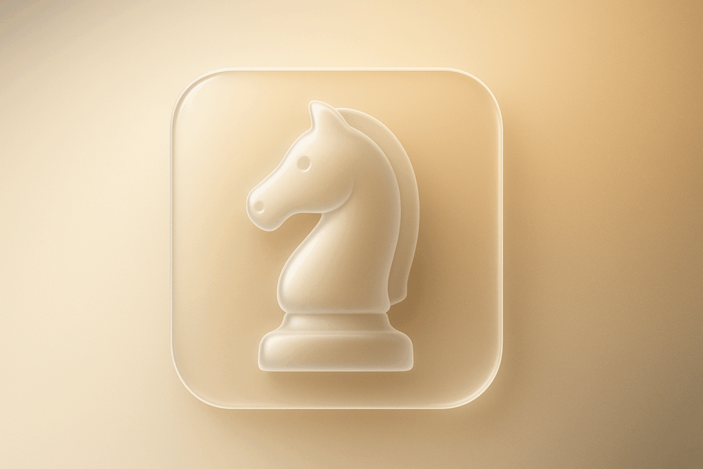 Frosted glass chess knight icon in ultra-premium Apple Glass style with realistic light refraction and gradient background, representing marketing strategy and insights for service-based businesses.