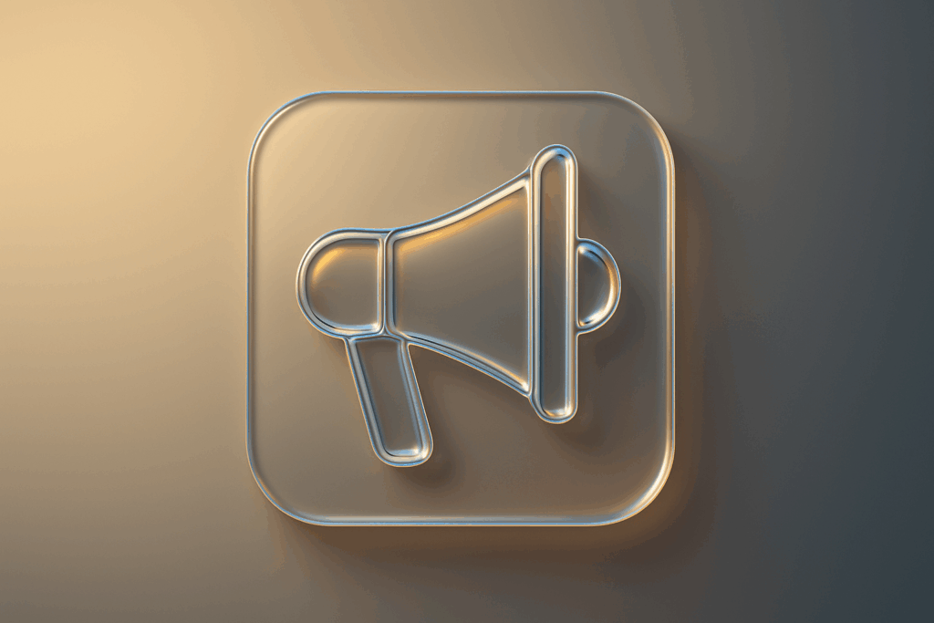 Apple Glass style frosted glass megaphone icon with gradient background, representing precision-targeted paid advertising for service-based businesses.